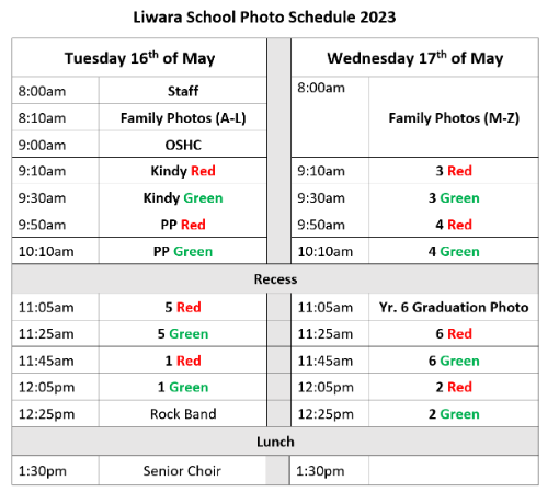 SCHOOL PHOTO SCHEDULE